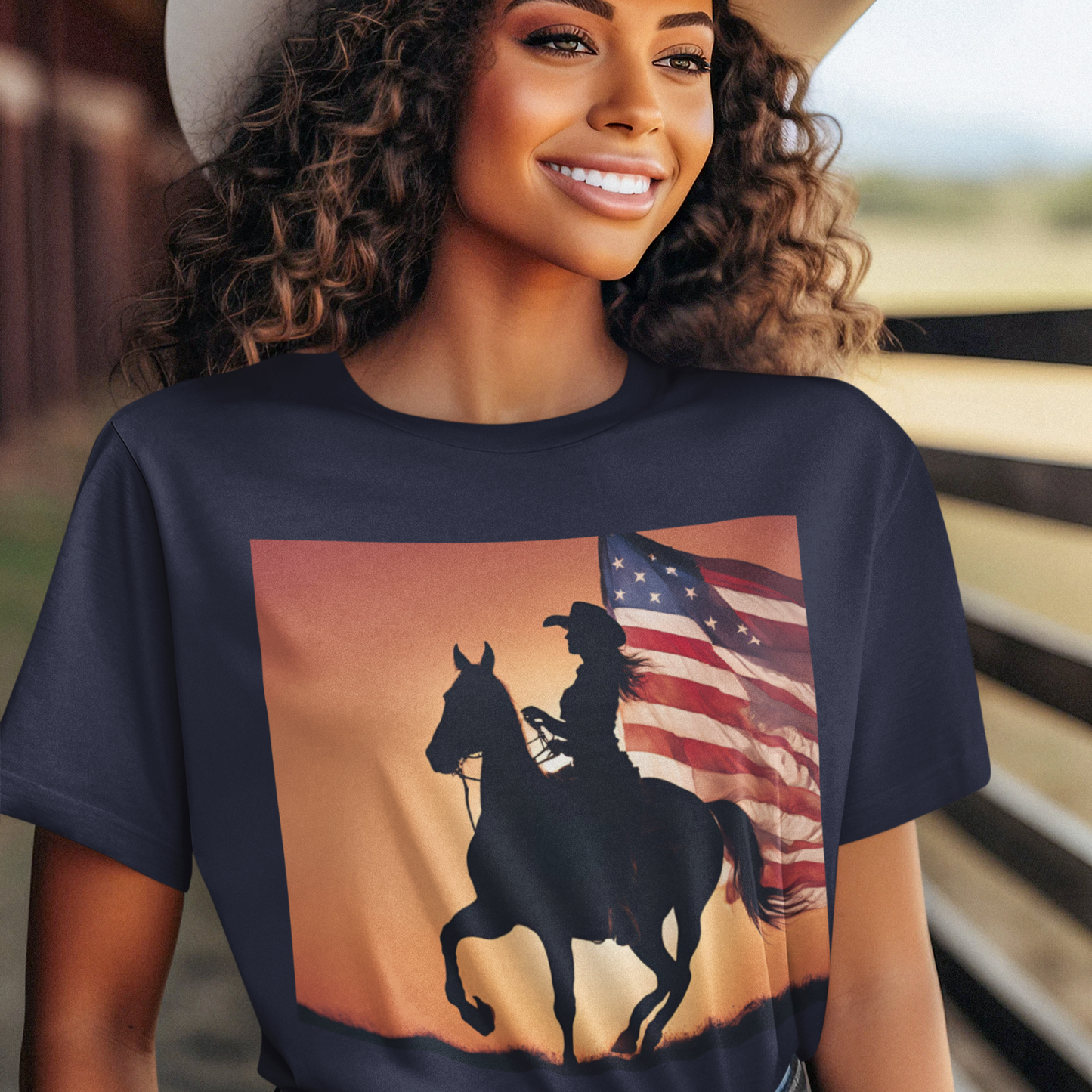 Patriotic Cowgirl Tee -  Short Sleeve Jersey Shirt with American Flag Design