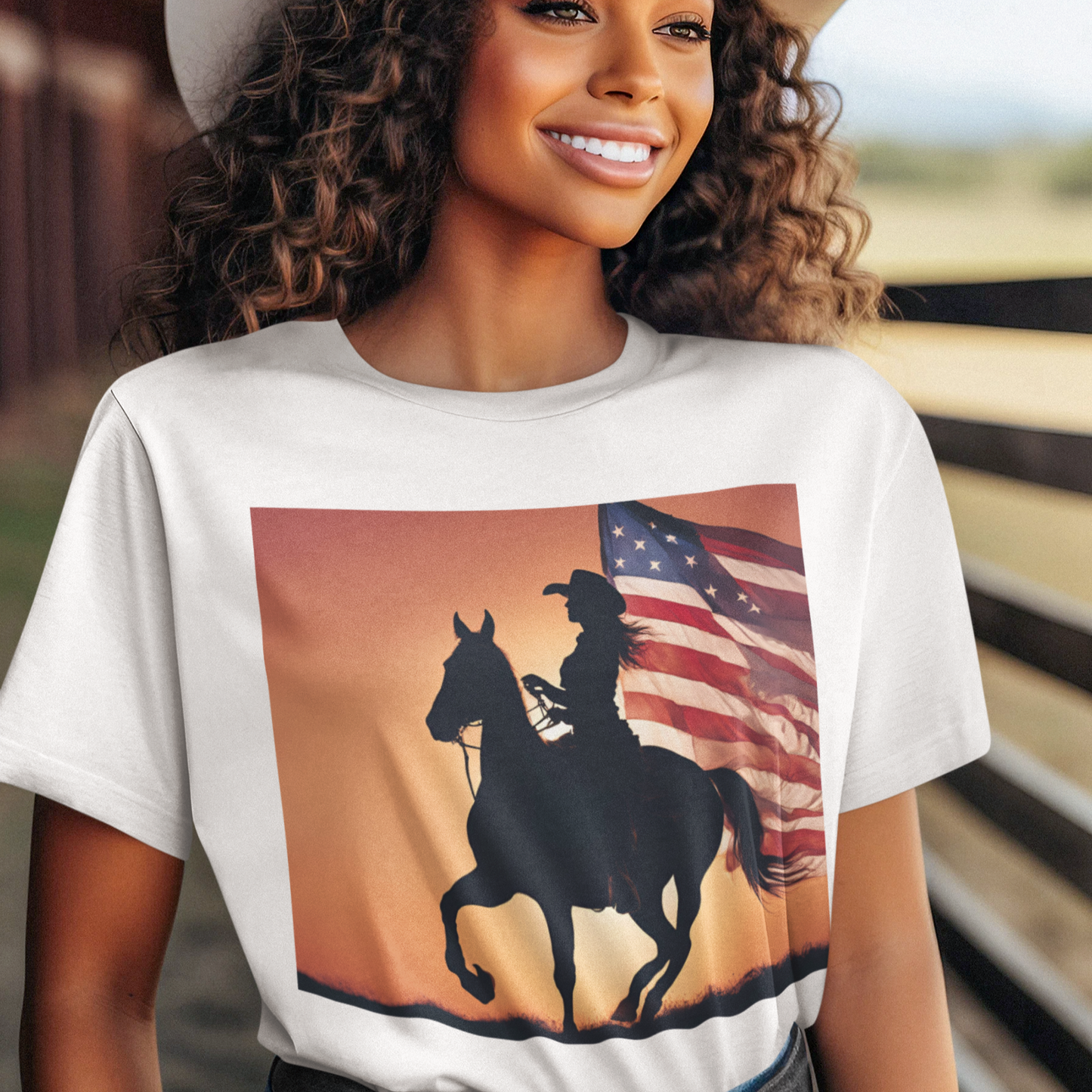 Patriotic Cowgirl Tee -  Short Sleeve Jersey Shirt with American Flag Design