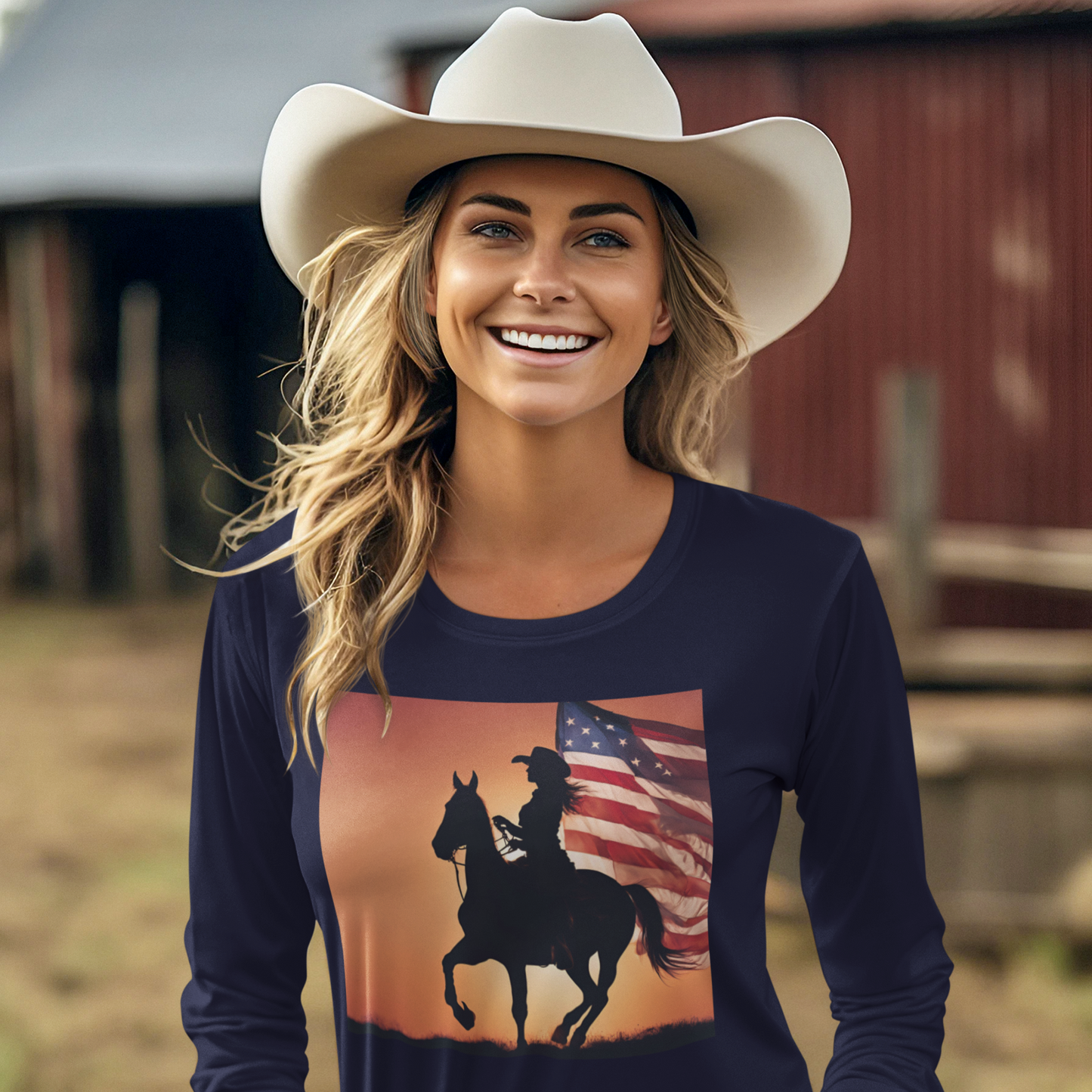 Patriotic Cowgirl Long Sleeve Shirt - American Flag Design