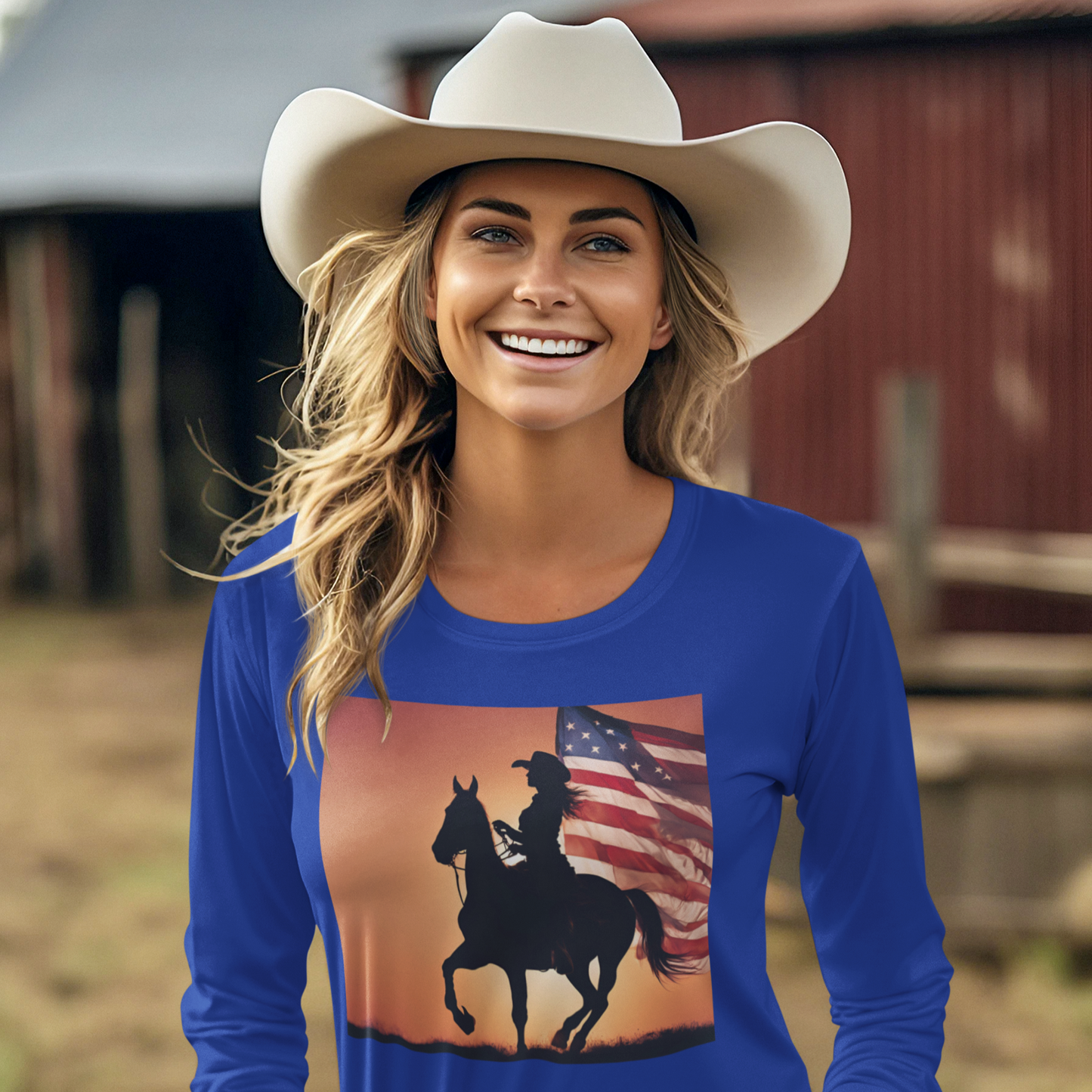 Patriotic Cowgirl Long Sleeve Shirt - American Flag Design