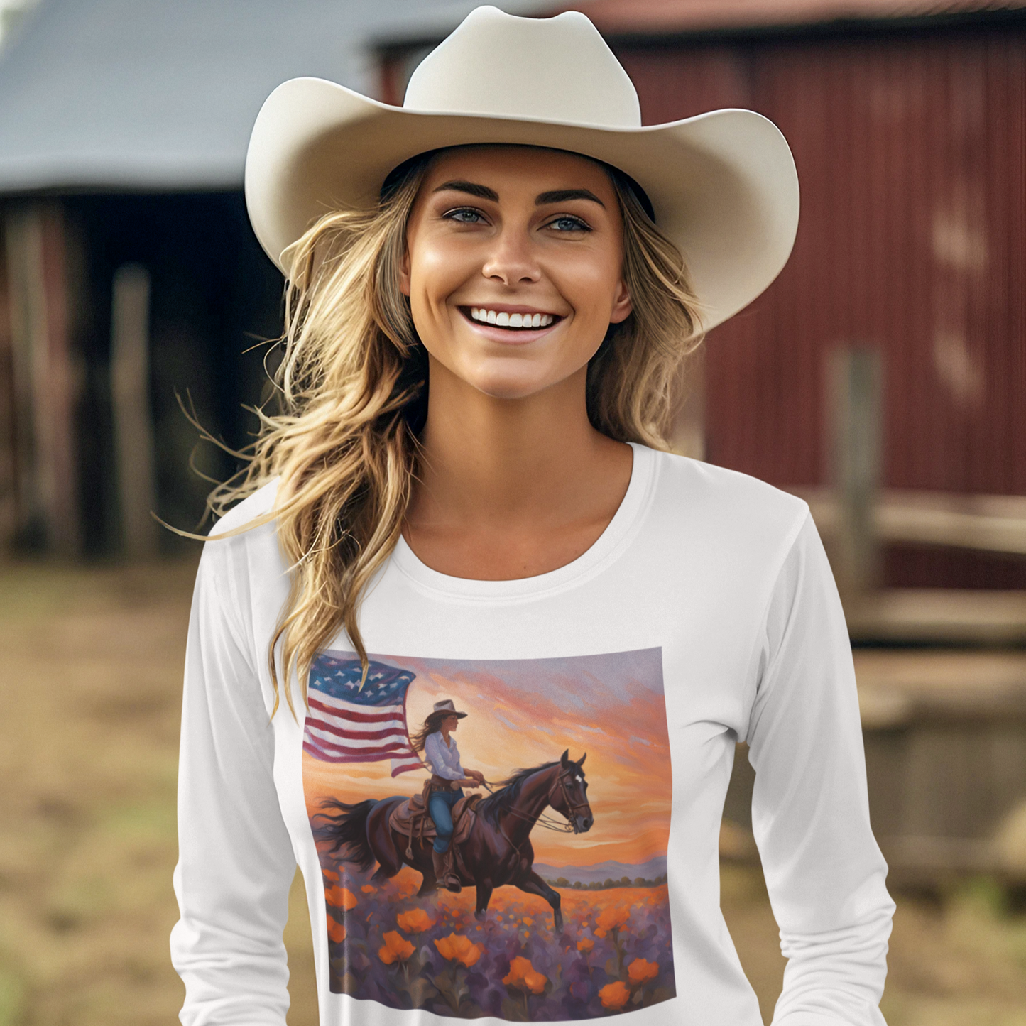 Patriotic Cowgirl Long Sleeve Shirt - American Flag Design