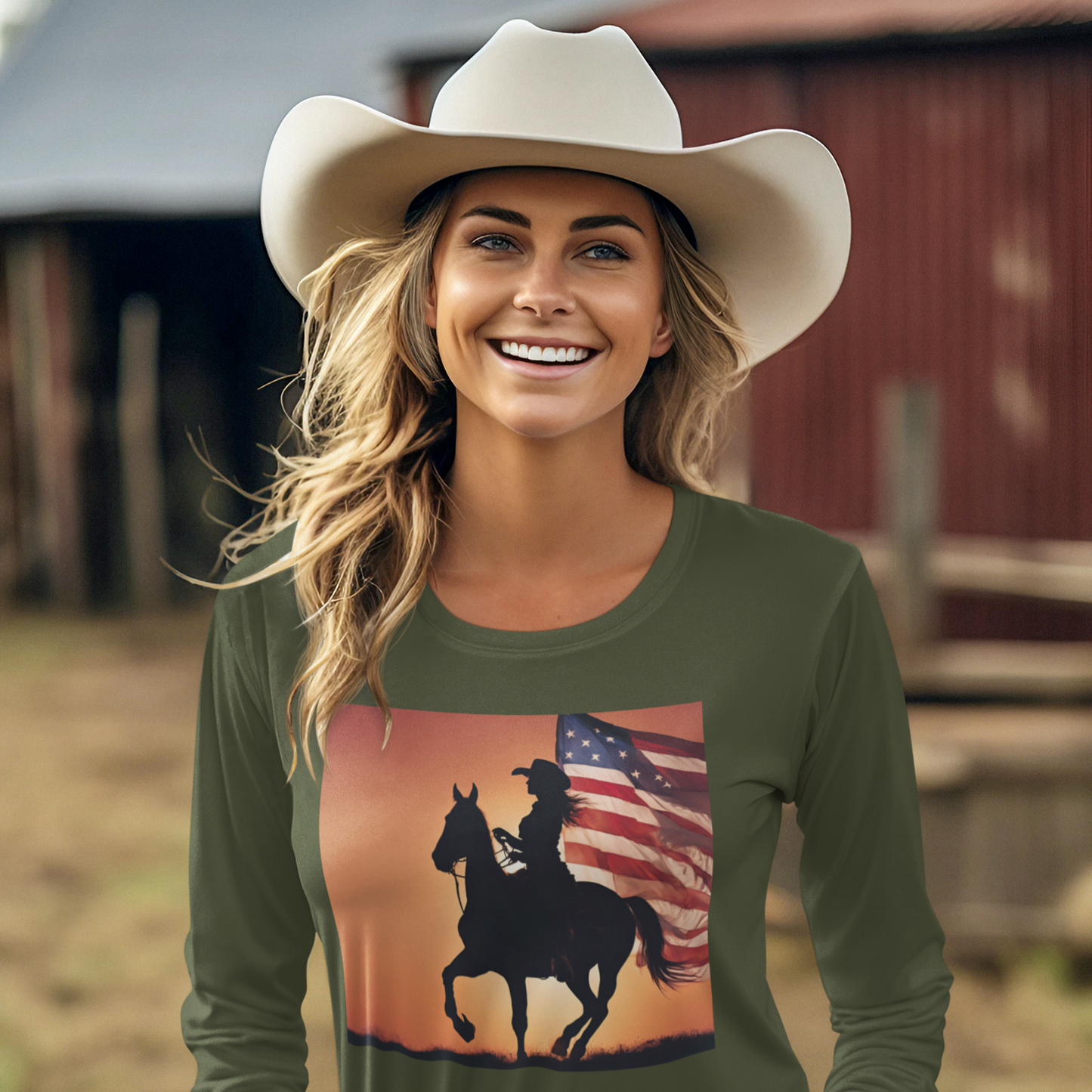 Patriotic Cowgirl Long Sleeve Shirt - American Flag Design