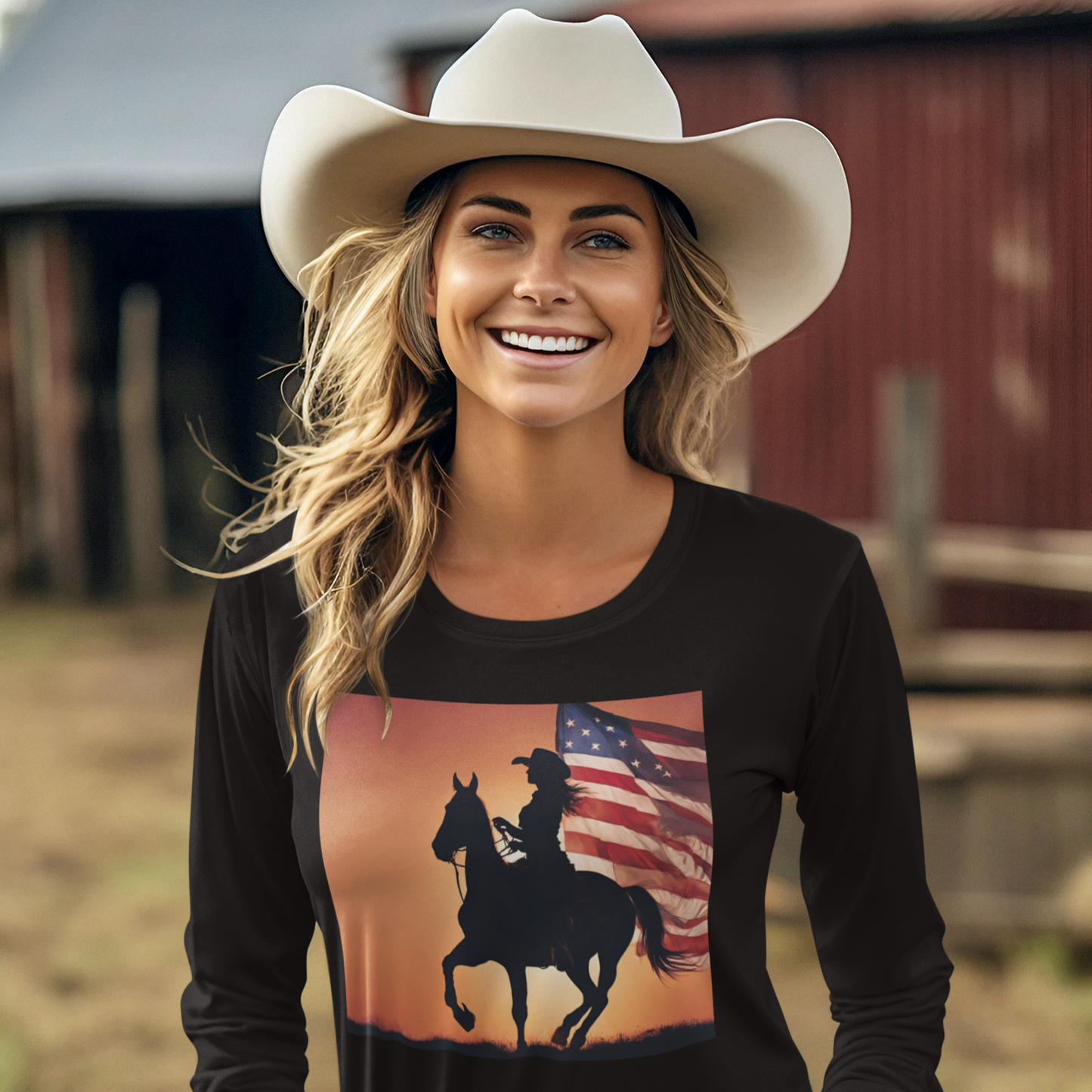 Patriotic Cowgirl Long Sleeve Shirt - American Flag Design